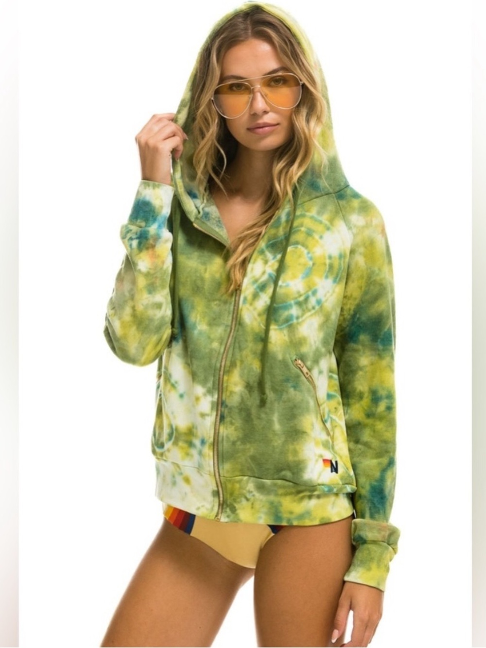 Aviator Nation Relaxed Hand Dyed Zip Hoodie Sweatshirt Tie Dye Green Yelllow